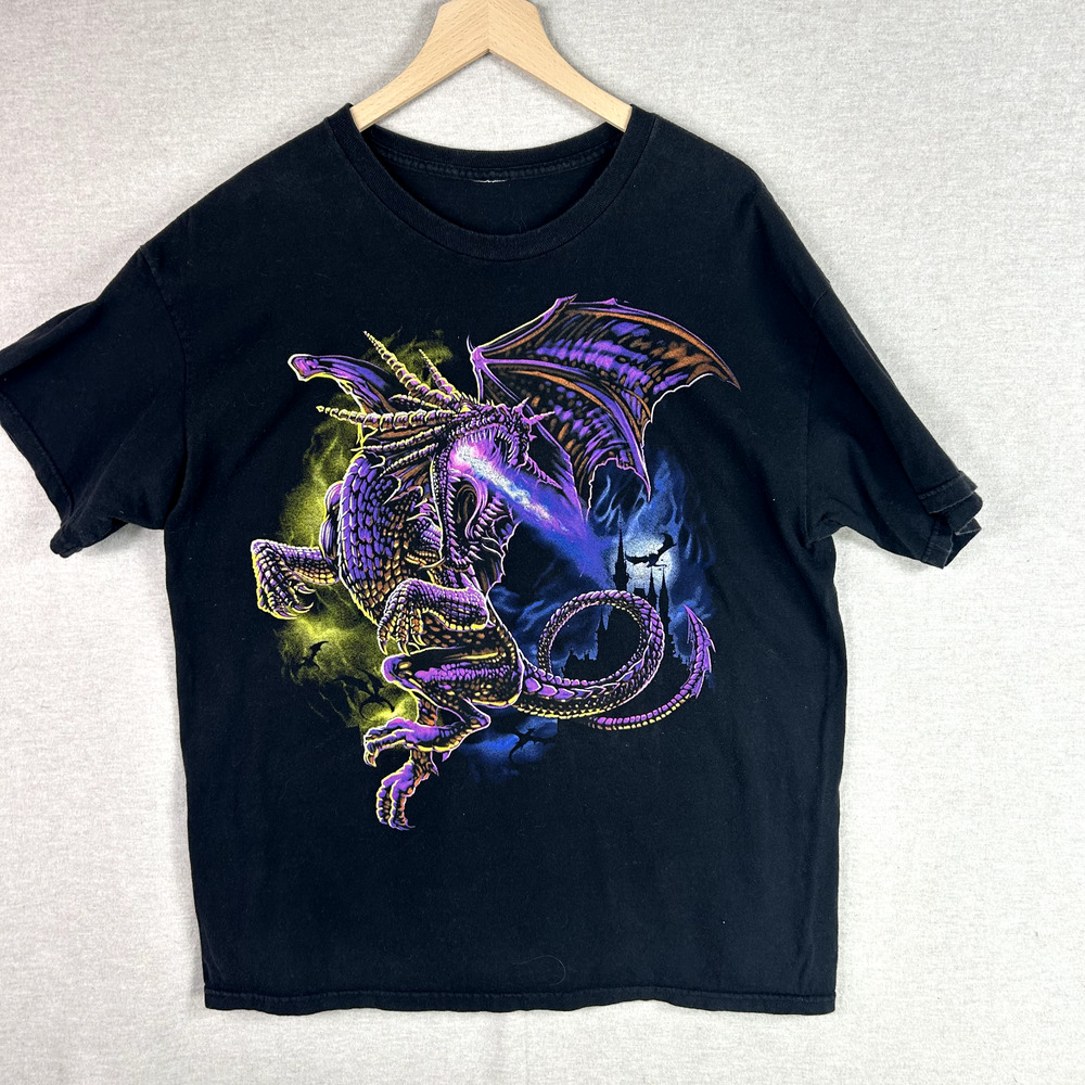 Y2K Purple Dragon Graphic T‎ Shirt M Black Kanye West Mask Design Fantasy Goth